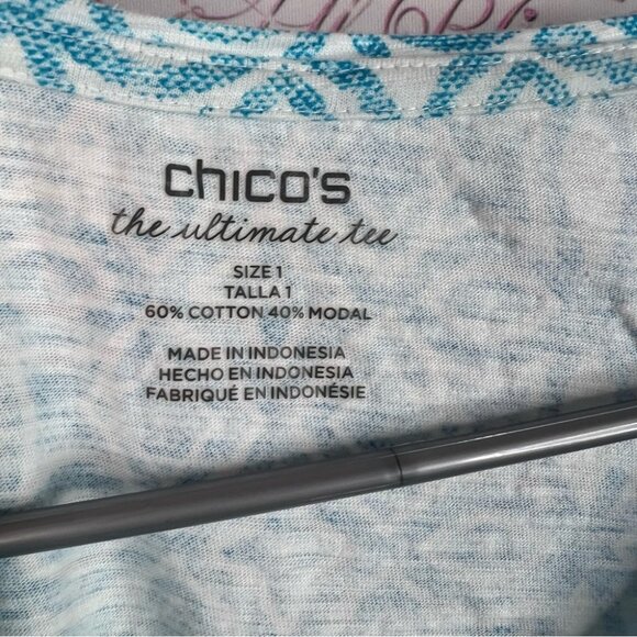 Chico's top long sleeve blue white Teal Geometric Women's Blouse - Picture 5 of 8
